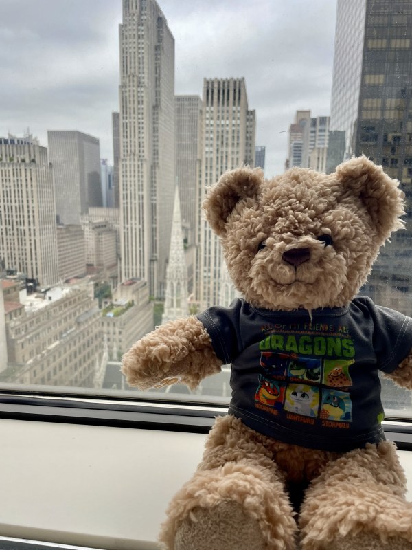Alba's build-a-bear sitting on the window sill of a Midtown Manhattan hotel with NY seen out the window