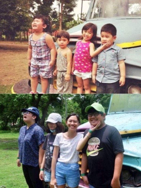 Alba and cousins striking the same pose 10 years apart in front of a 1950's pickup truck